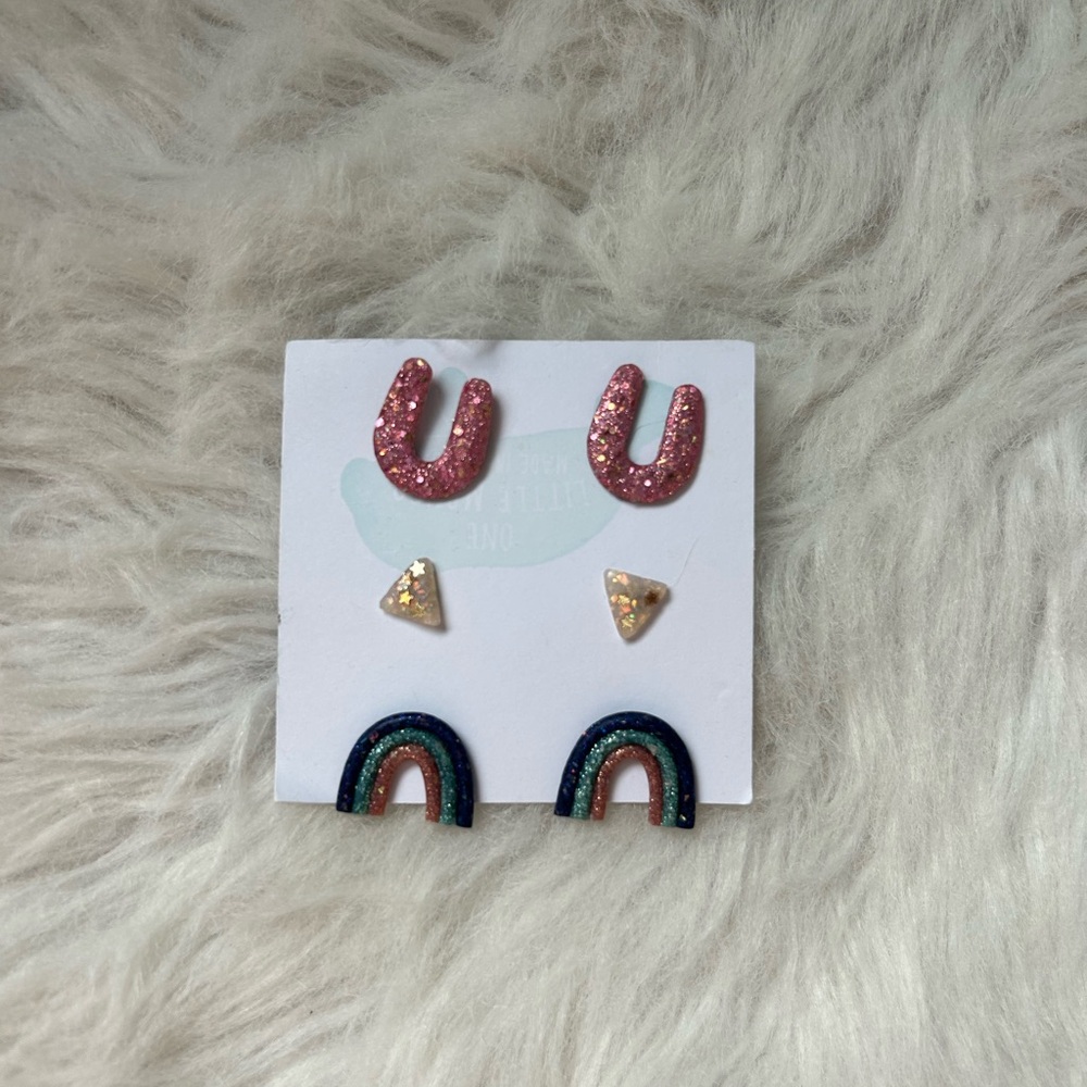 Kids Glitter Rainbow & Stud Earring Set - Pink, Gold, Multi